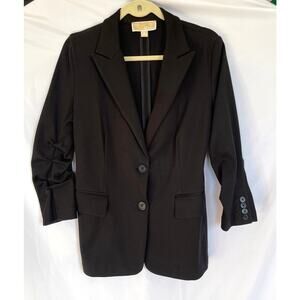 Michael Kors Black Fitted Stretchy Ruched 3/4 Sleeve Blazer Jacket, Medium